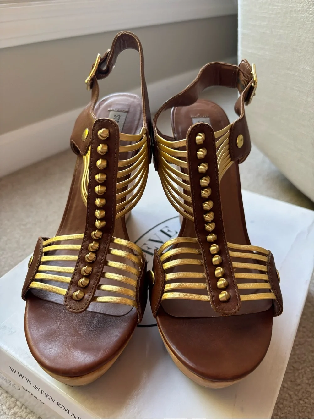 Steve Madden Brown and Gold Strappy Wedge Sandals